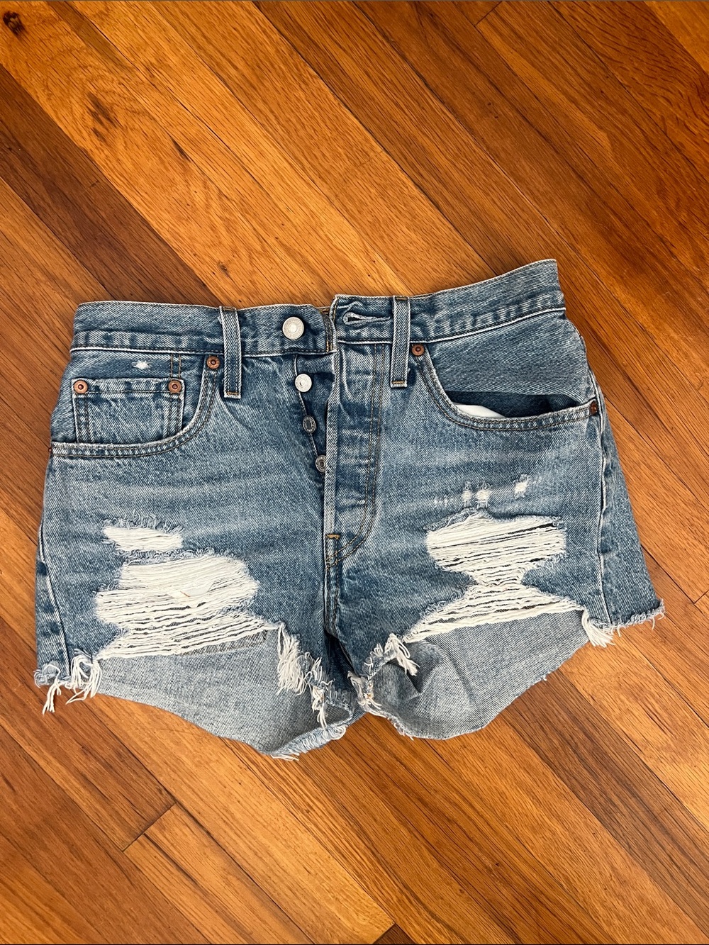 Levi's Distressed Light Blue Button-Fly Jean Shorts